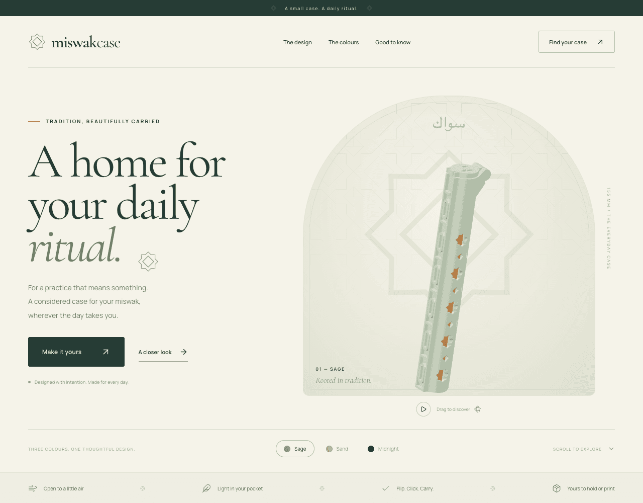 Miswak Case homepage: editorial typography beside the Sage case in an interactive 3D product view