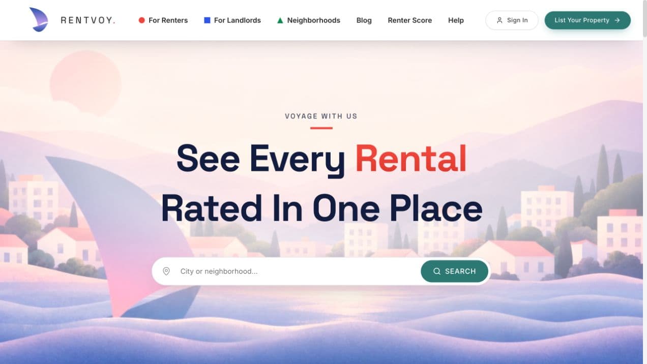 Rentvoy homepage showing its rental search platform