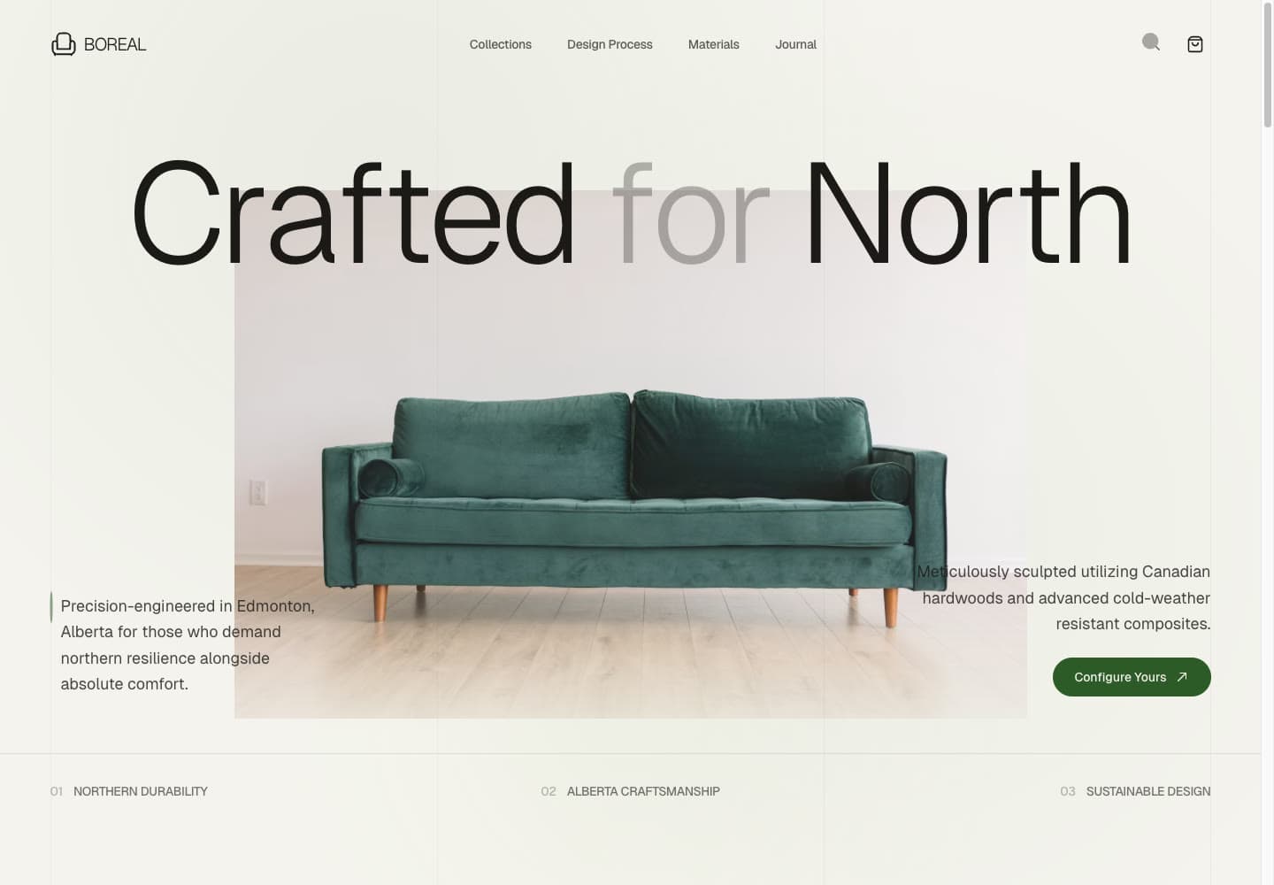 Boreal furniture website with Crafted for North headline and a green sofa
