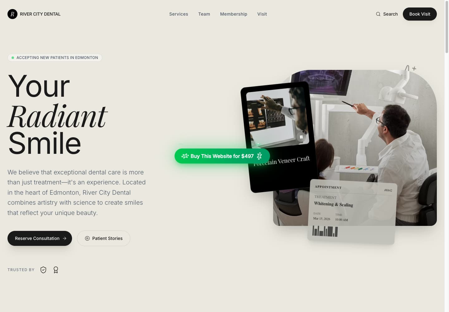 River City Dental website with editorial typography and an appointment booking call to action