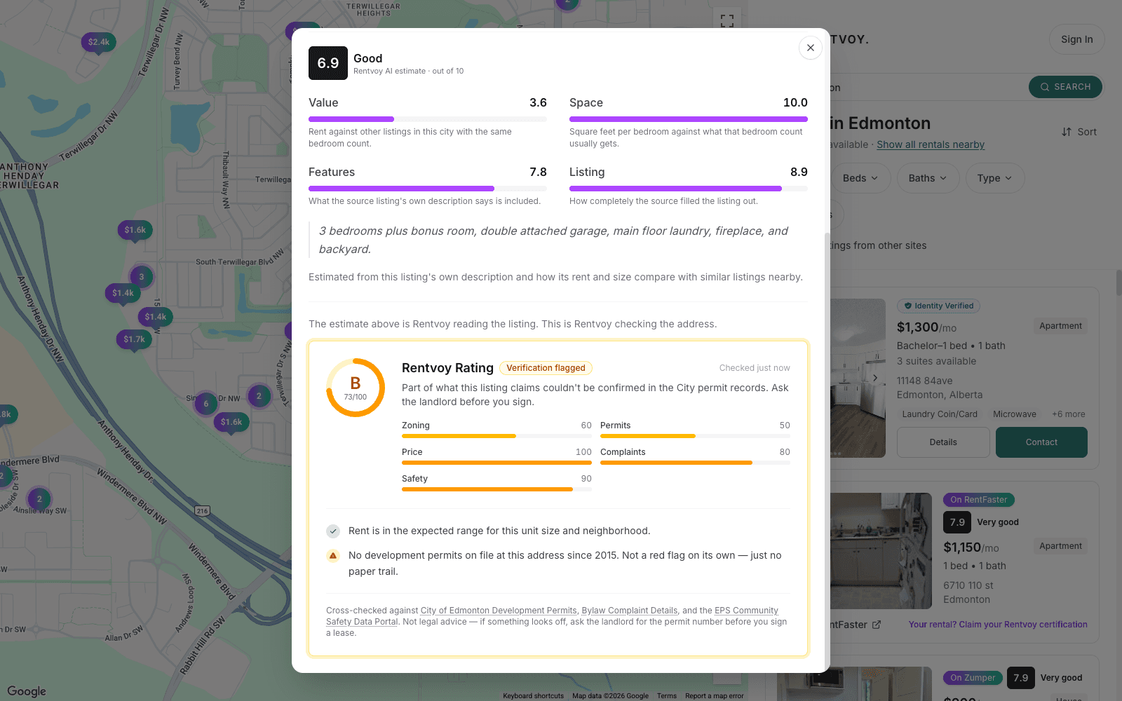 Rentvoy displays its AI estimate above a separate address rating with reasons, flags and public-record source links