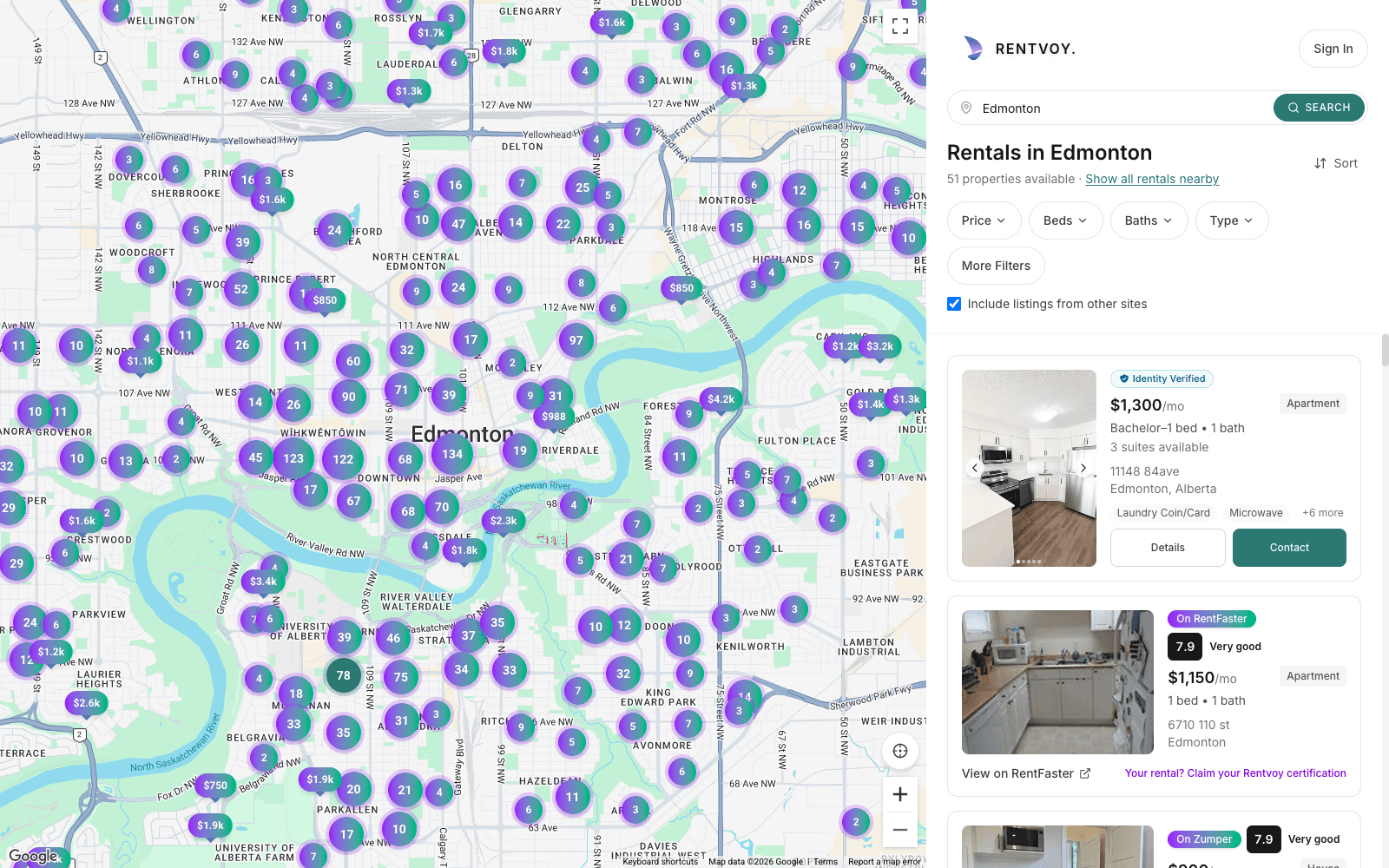 Rentvoy search showing an Edmonton map beside rental listings from multiple platforms